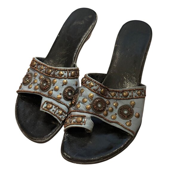 VanEli Studded Blue Leather Slip On Wedge Sandals Bronze Embellishments - Picture 1 of 8